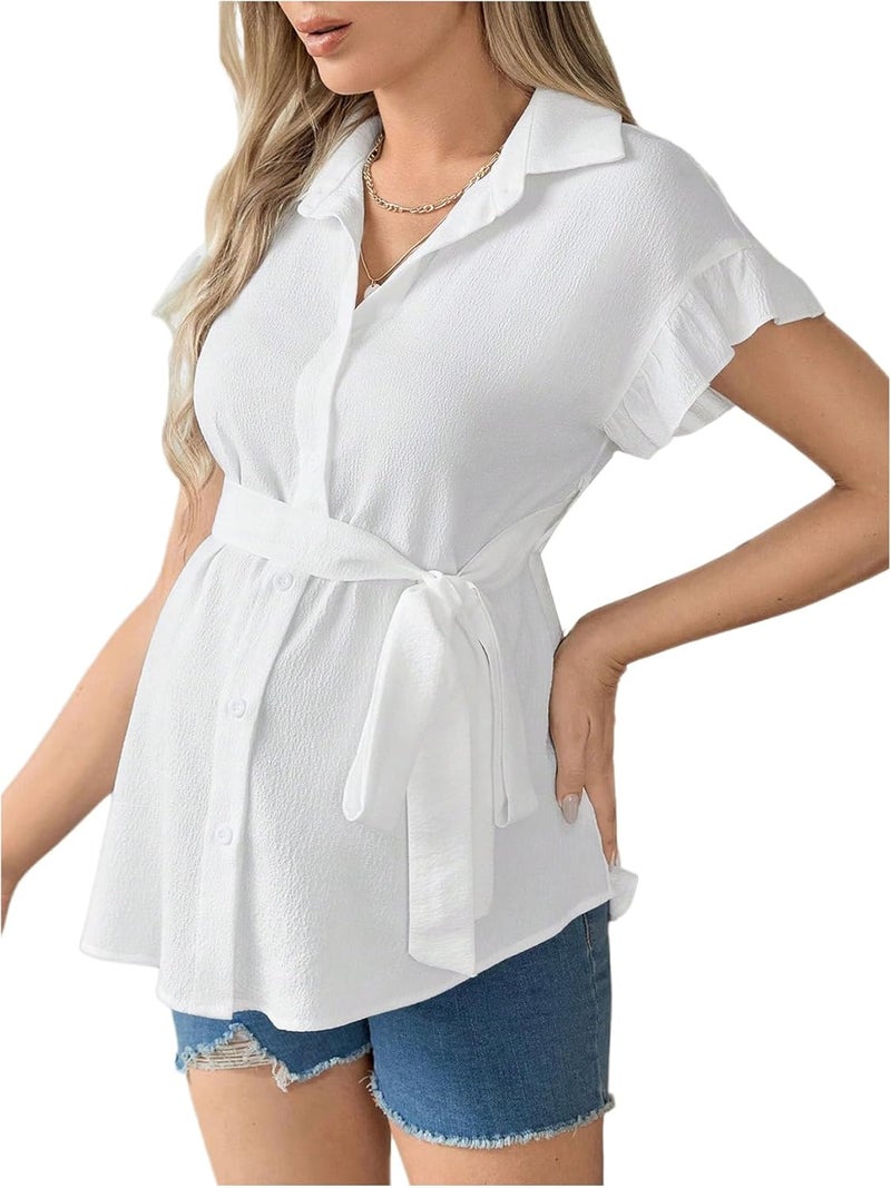 MakeMeChic Women's Maternity Blouse Short Sleeve Collar Belted Button Down Pregnancy Shirt - Image 1